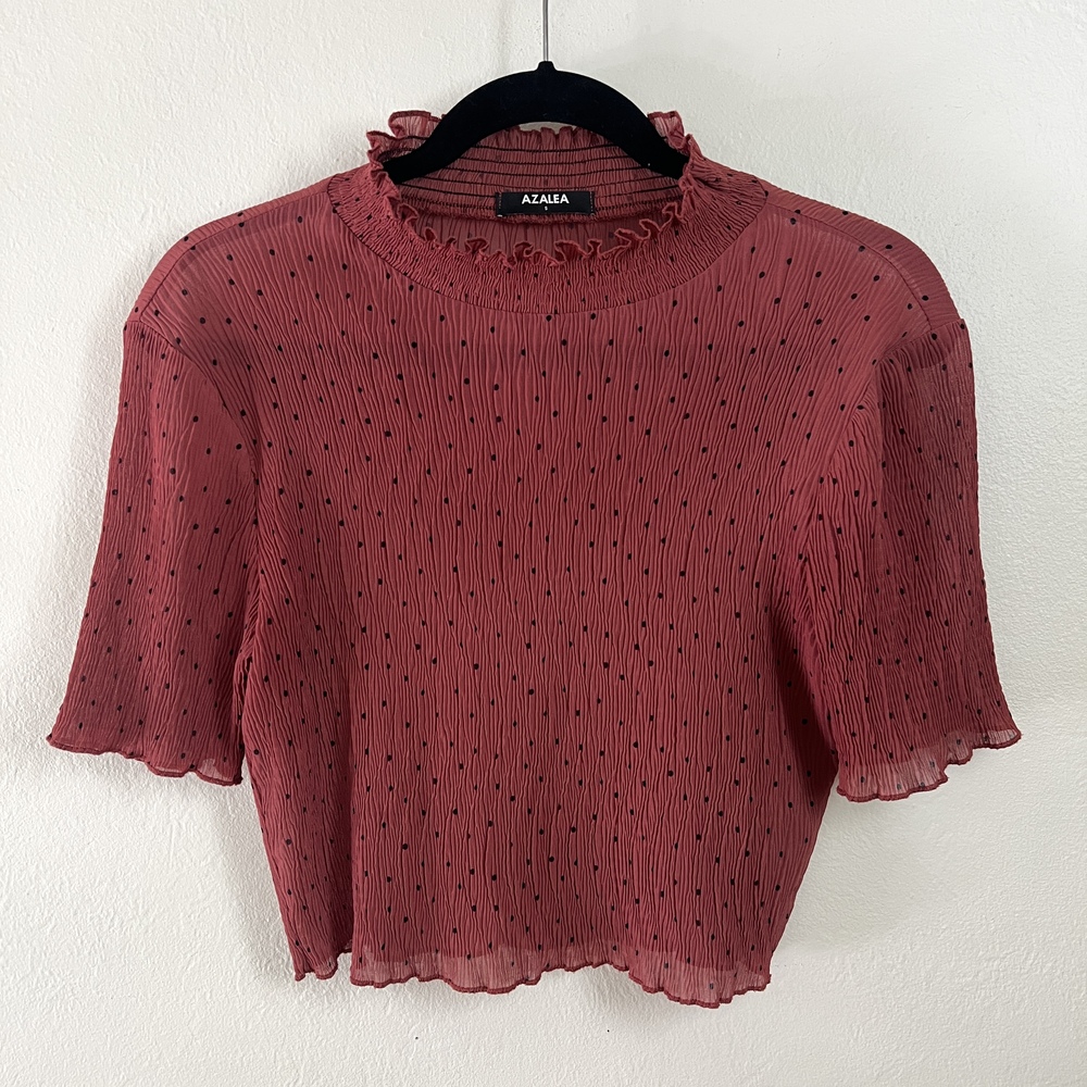 Azalea Sheer Rust Brown Polka Dot Crinkle Plisse Stretch Mock Neck Crop Top Sz S
